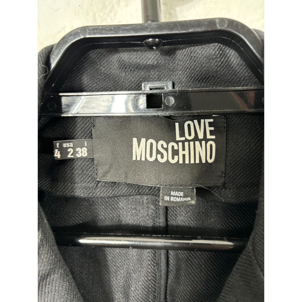 Love Moschino Blazer Womens 2 Black Neon Piping Military Linen Jacket Hooks - Picture 9 of 11